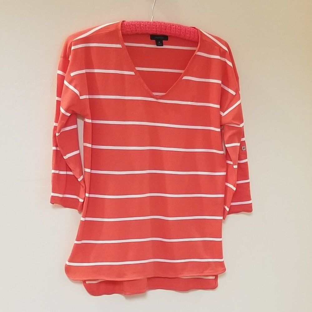 Nautica Orange & White Striped V-Neck Tee - Relaxed Fit - Size Medium